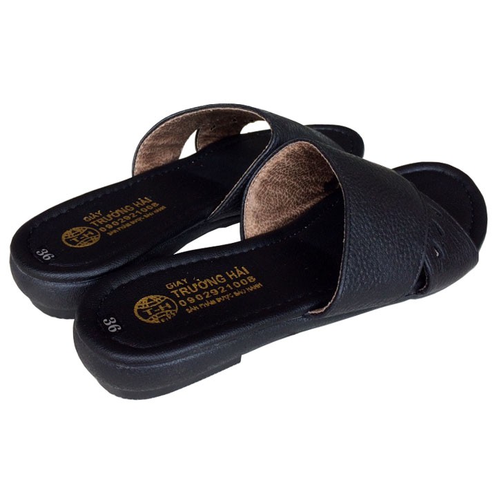 Dép nữ da bò  quai ngang Màu đen Trường Hải Đế Cao su không trơn  DN250