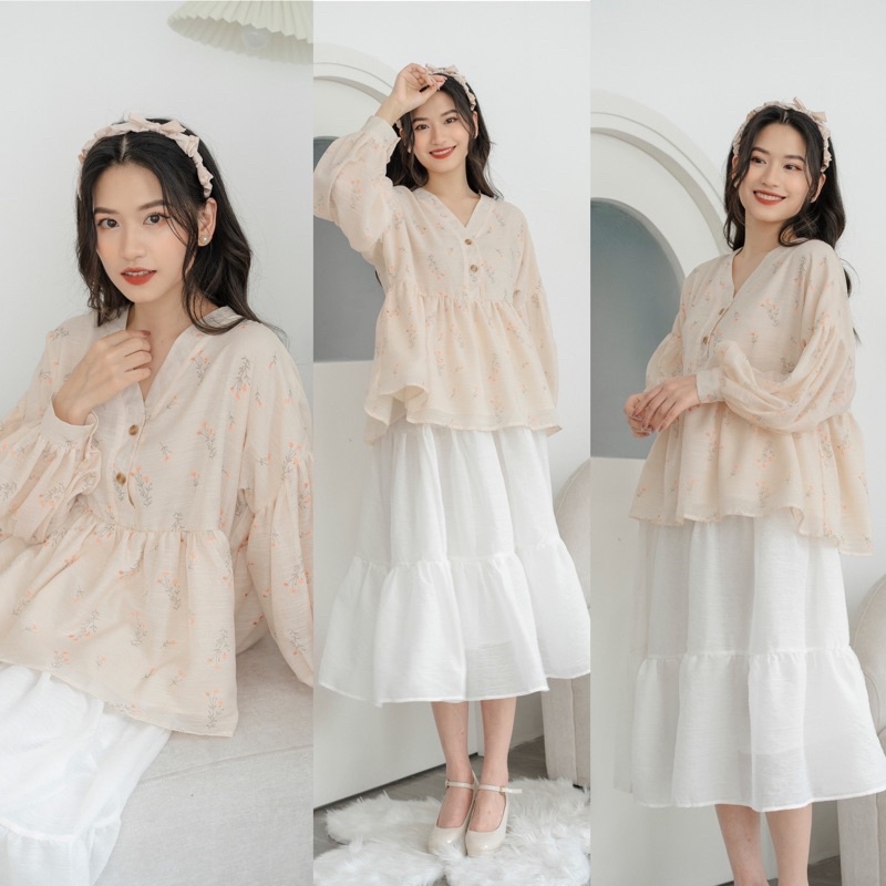 Áo Tơ Hoa Cổ V Mở Khuy Kiểu Dáng Babydoll Bồng Bềnh Cực Xinh