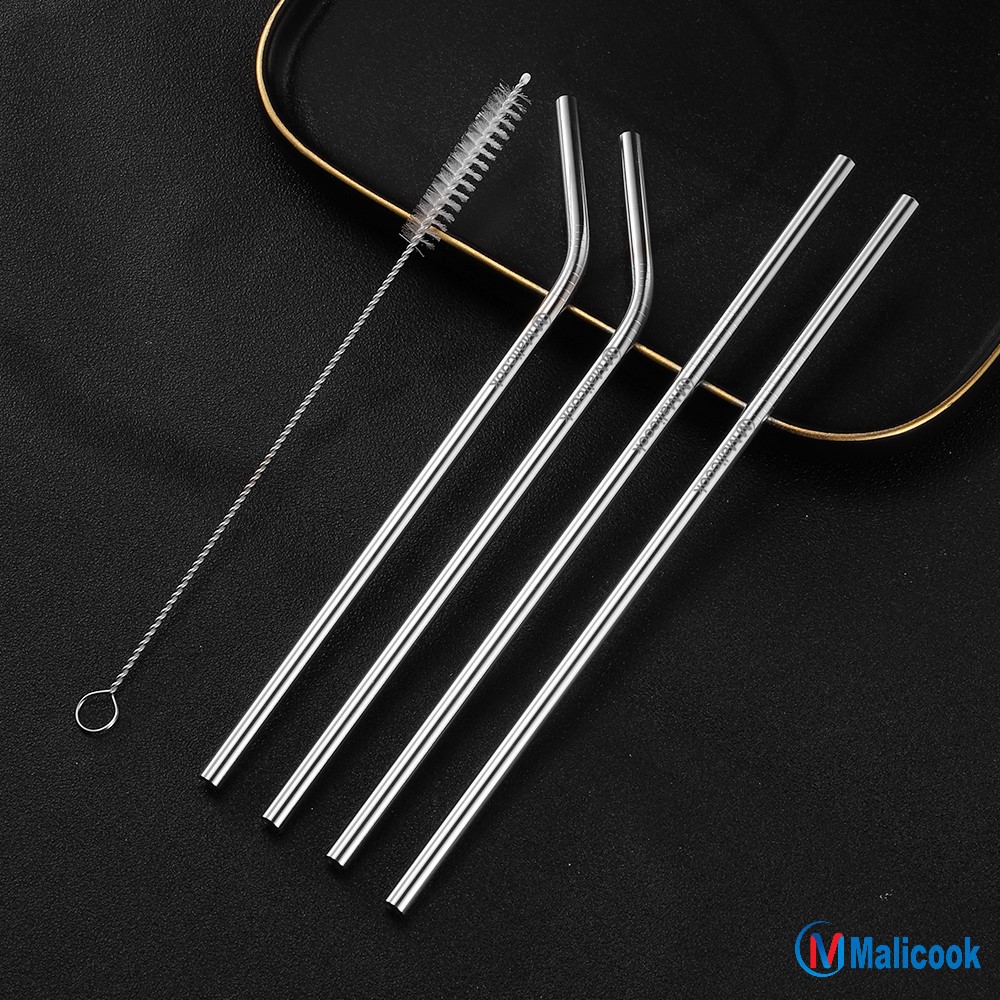 Ống hút Inox  304 cao cấp Malicook bộ ống hút thằng + cong + 1 cọ rửa