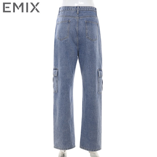 Quần jean cá tính EMIX (màu xanh), casual, dáng dài 100cm, cạp cao, form rộng và suông, túi hộp bên năng động, chất jean