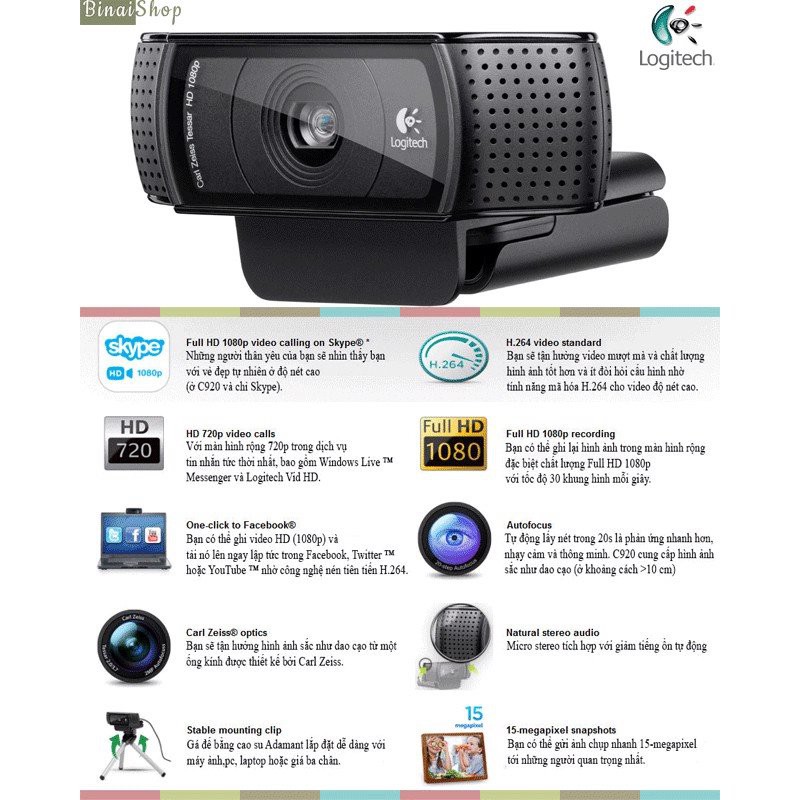 [BH 24 tháng] Logitech C920 Pro - Webcam HD 1080p, Tích Hợp Micro Stereo