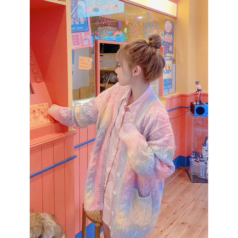 Áo khoác len màu cầu vồng Rainbow cardigan phiên bản dài phong cách ulzzang | BigBuy360 - bigbuy360.vn