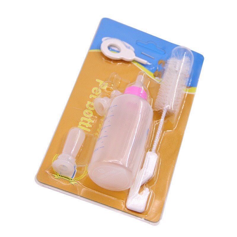 Bình sữa kèm núm thay thế cho thú cưng và chó mèo con có dụng cụ vệ sinh đi kèm