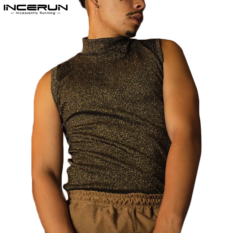 Áo INCERUN cổ rùa không tay màu trơn ánh kim ôm vừa vặn cho nam mặc thường ngày