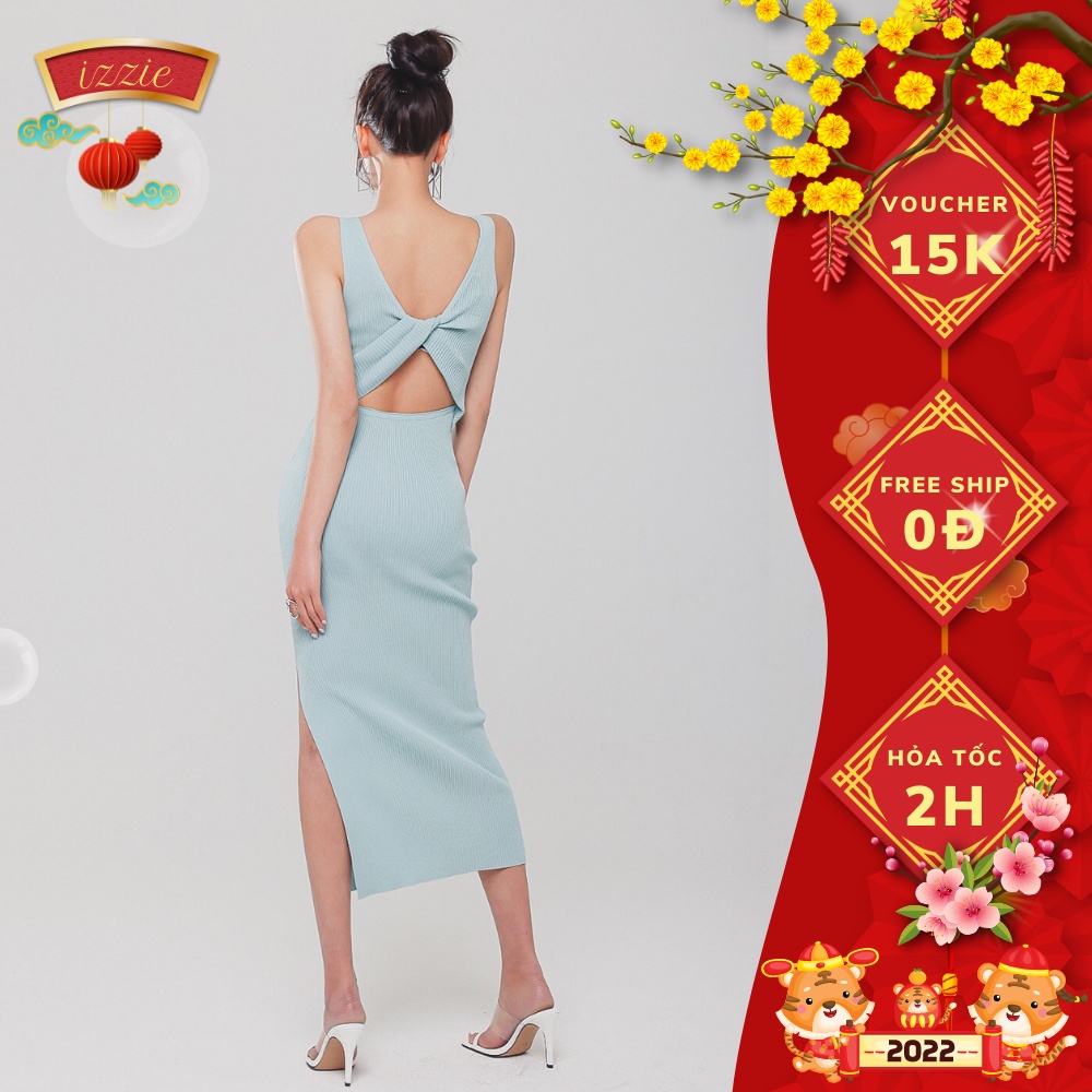 Váy body len đanh dệt kim đầm dáng body xẻ tà Izzie VL388 xoắn nơ mặc hai kiểu trước sau