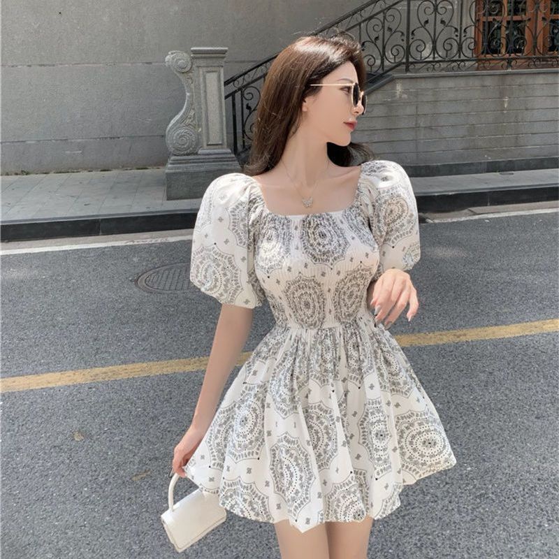 Đầm Dáng Chữ A Cổ Vuông Tay Phồng Ôm Eo Thời Trang Mùa Hè 2022 Phong Cách Pháp Cổ Điển Mới Cho Nữ