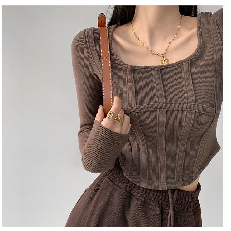 Áo Thun Lửng Tay Dài Cổ Vuông Thời Trang Quyến Rũ Cho Nữ