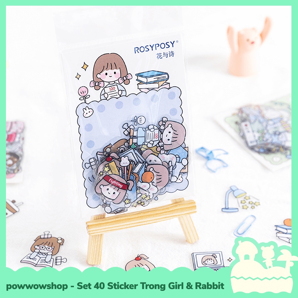 [Sẵn VN - Hỏa Tốc ] Bộ 40 Sticker Decal Trong Dán Trang Trí Vật Dụng RosyPosy Đáng Yêu Girld &amp; Rabbit
