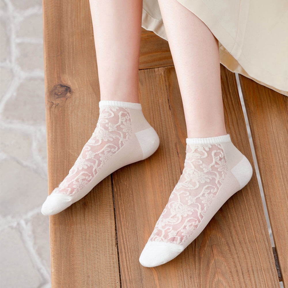 Tất cổ chân ngắn phối ren đơn giản lụa thủy tinh vintage chống trượt thời trang mùa hè 2021 nhiều màu cho nữ BACK2LIFE