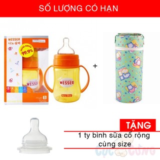 Bình sữa Wesser cổ rộng 180ml + 1 ủ bình sữa cổ rộng tặng 1 ty bình sữa cùng size