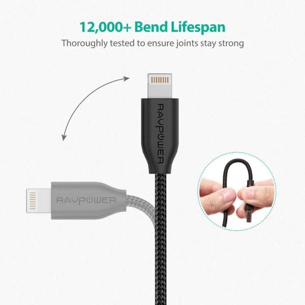 Cáp sạc IP,tablet táo,tai nghe ko dây táo Pro RAVPOWER RP-CB019 USB-A ra chuẩn MFi 12W 480Mbps dài 0.9m