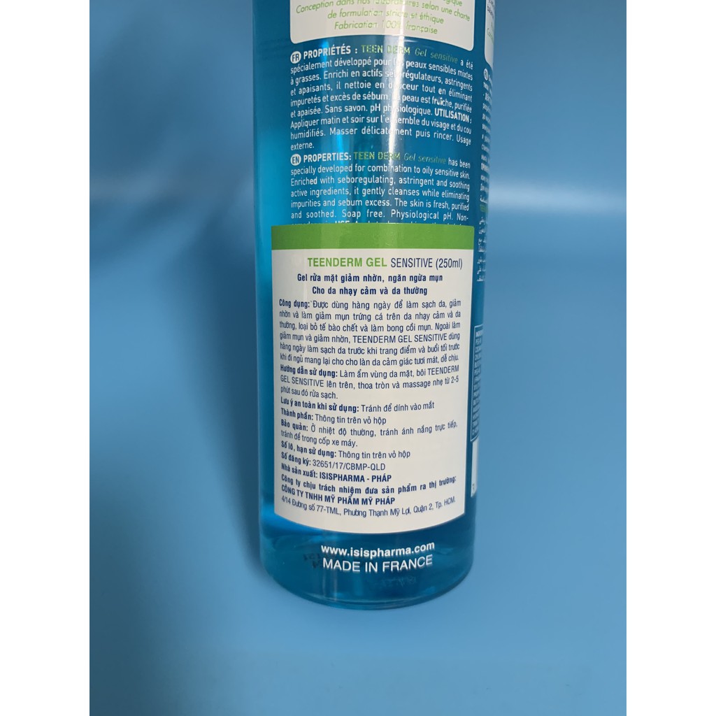 Gel rửa mặt giảm nhờn, ngừa mụn cho da nhạy cảm và da thường ISIS PHARMA TEENDERM GEL SENSITIVE