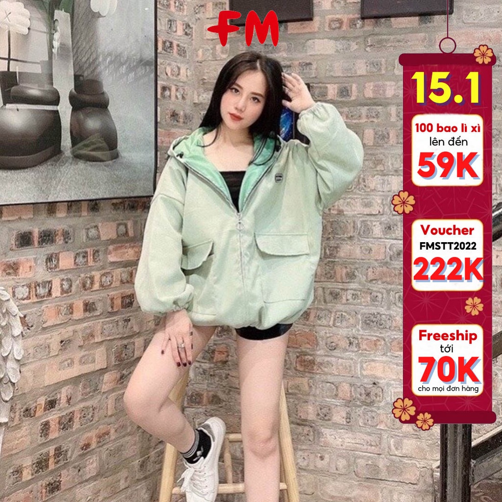 Áo khoác nhung nữ FM Style form rộng oversize túi hộp có mũ thời trang thu đông 211026105