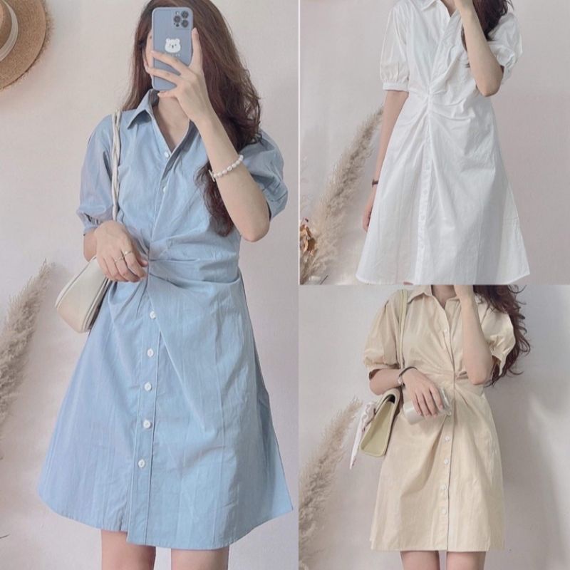 Váy sơ mi nhún eo Ulzzang cách điệu 3 màu (Sẵn/ảnh thật)