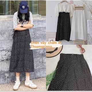 Chân váy chấm bi dáng maxi chữ A lưng cao Chân váy vintage hoạ tiết chấm bi phong cách cổ điển