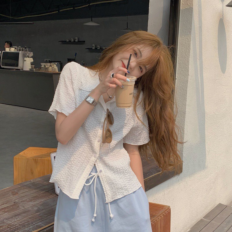 SUXI Áo sơ mi nhún nếp tay ngắn phong cách Hàn Quốc vintage thời trang cho nữ