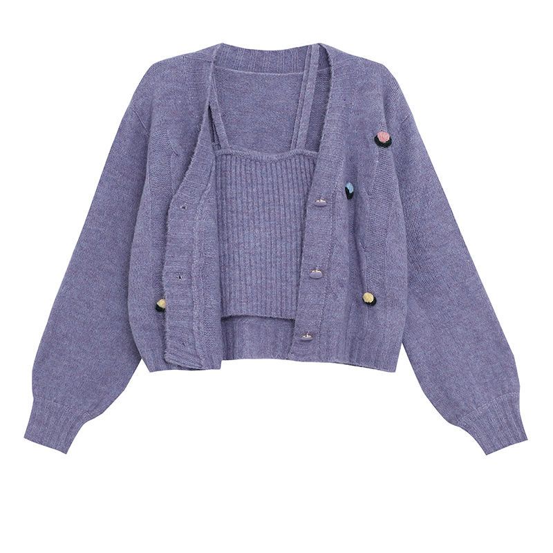 Áo len cardigan kèm áo hai dây dáng ngắn màu tím nhẹ nhàng phong cách mùa thu cho nữ
