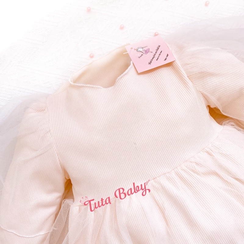 Bodysuit Cho Bé Màu Sữa Kèm Turban, Body Tăm Lạnh Phối Lưới Cho Bé Mặc Mùa Thu Đông