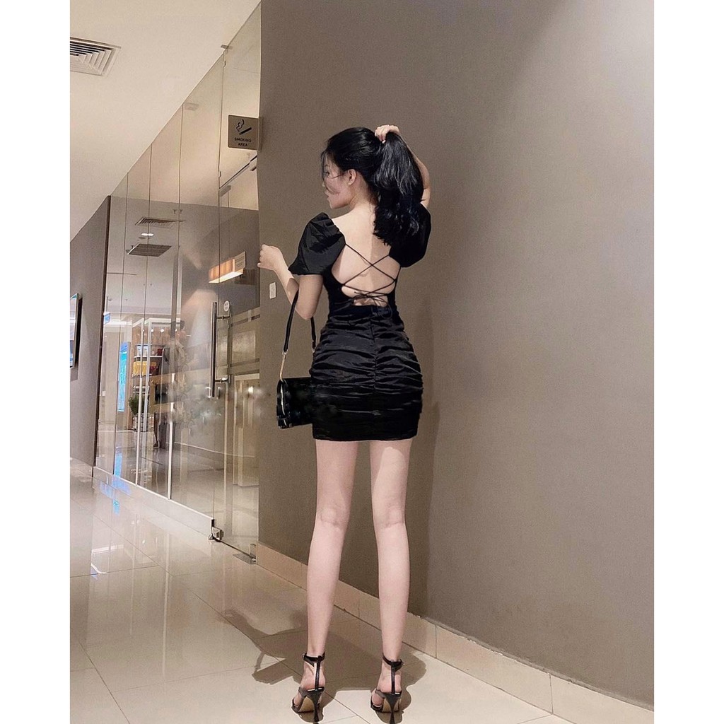 Váy Body Màu Đen 🌸 Đầm Dự Tiệc Hở Lưng Chất Lụa CÓ MÚT NGỰC Tay Phồng Cổ Vuông HỢP MỐT , Dây Đan Chéo Lưng Sexy | BigBuy360 - bigbuy360.vn