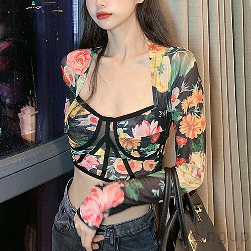 Áo croptop tay dài cổ vuông phối lưới in họa tiết hoa phong cách vintage cho nữ