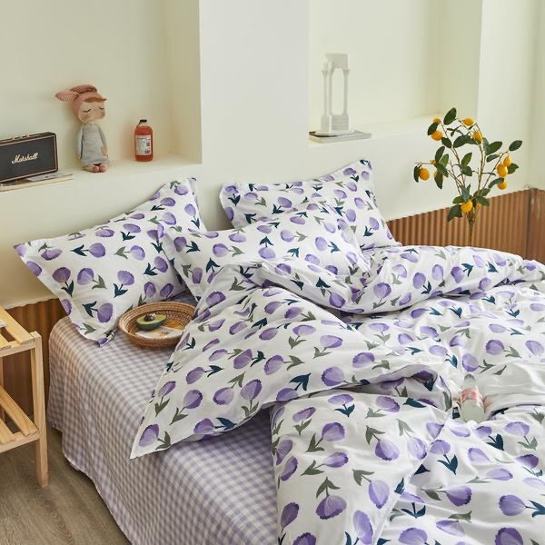 Bộ chăn, ga, gối Poly Coton Nhập Mẫu HOA TULIP TÍM NHẸ NHÀNG