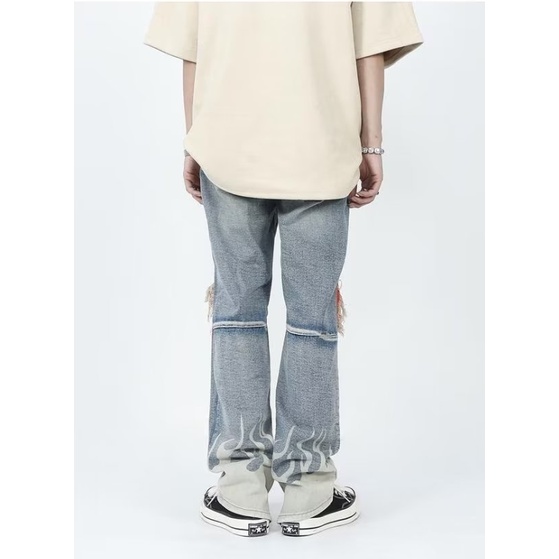 Quần Jean Dài Dáng Rộng Phối Rách Kiểu hip-hop Đường Phố Cá Tính Cho Nam Và Nữ
