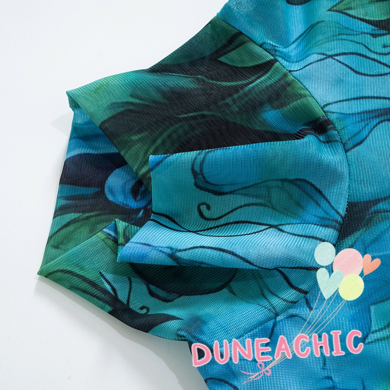 DUNEA Đầm Dài Tay Cổ Cao Phối Lưới In Họa Tiết Xinh Xắn Dành Cho Nữ