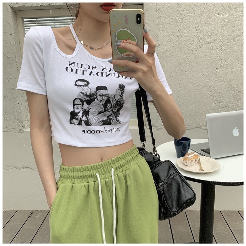 Áo Croptop Tay Ngắn Dáng Ôm Hở Vai Phong Cách Retro Cá Tính Cho Nữ