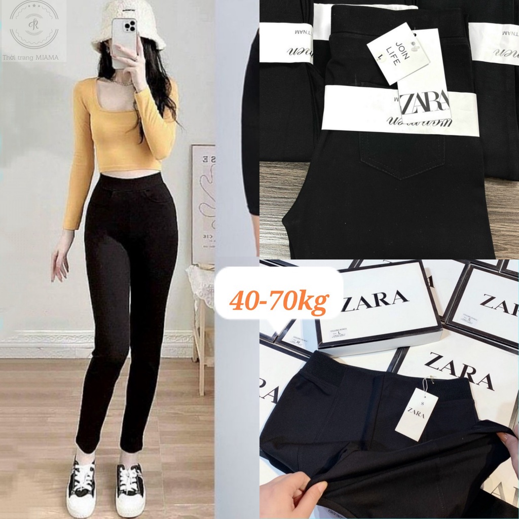 Quần legging nữ cạp cao dáng dài 4 túi vải cotton đen dày dặn co giãn - Quần legging dài nữ trơn ôm bó thể thao tập gym