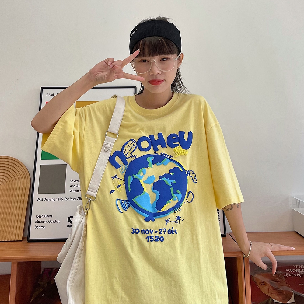 Áo thun tay ngắn in hình trái đất phong cách Hàn Quốc thời trang cho nữ