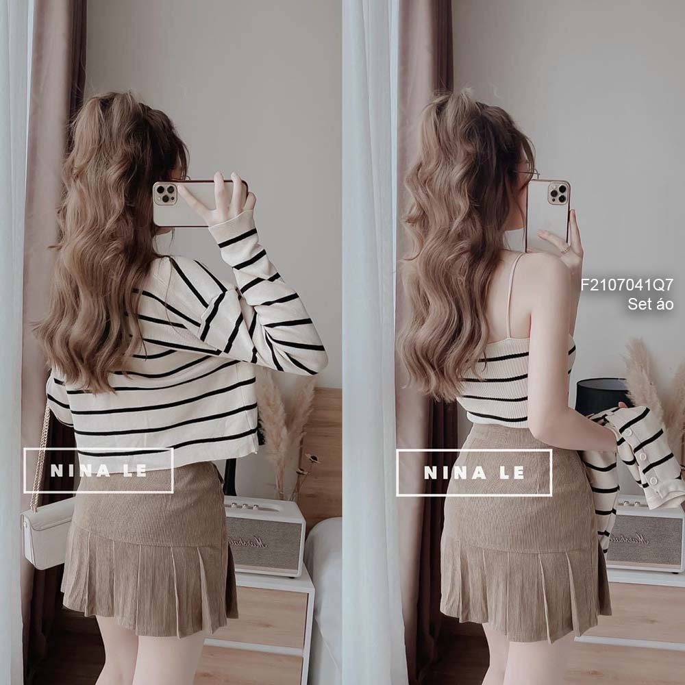 Set áo len cặp kẻ sọc áo khoác tay dài kèm áo 2 dây hàng QC!