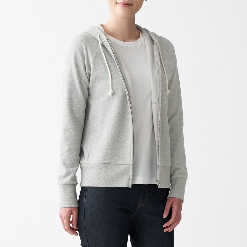 Muji Áo Khoác Có Mũ Khóa Kéo Vải Thun Da Cá Sợi Slub