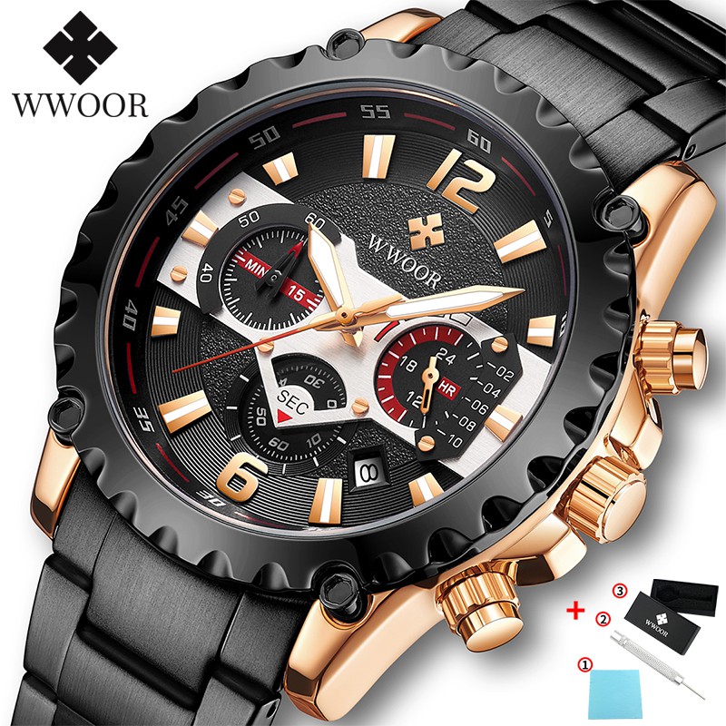 WWOOR Men's Watches Waterproof Analog Clock Stainless Steel Business Watch For Men 8880