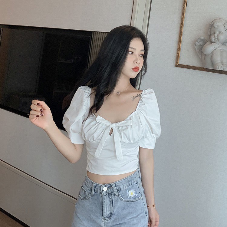 New Summer 2021 Retro Palace Style Back Lace Puff Sleeve Square Collar White Short Tops