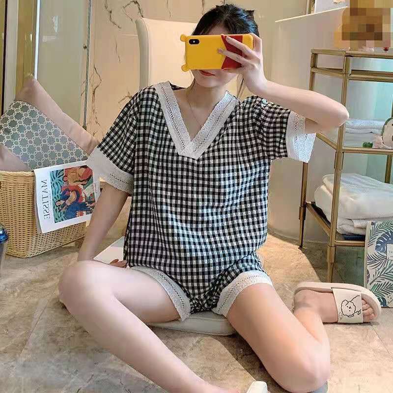Đồ ngủ nữ cộc tay pijama, Đồ bộ nữ cộc tay dễ thương mùa hè chất mát kẻ caro | BigBuy360 - bigbuy360.vn
