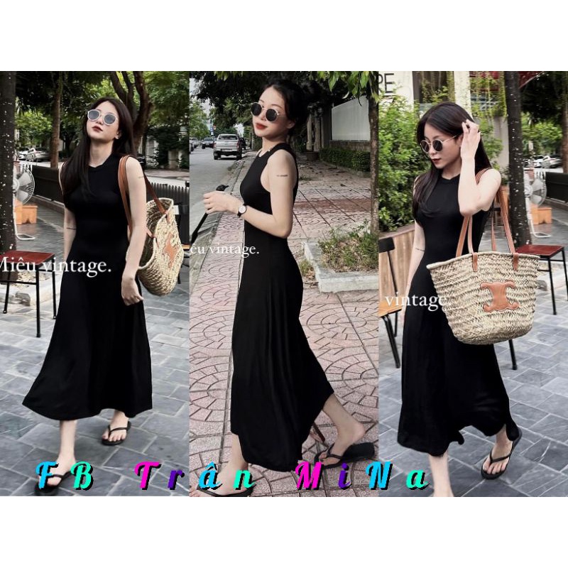 ĐẦM MIDI ĐEN CỔ TRÒN 3 LỖ THỜI TRANG NĂNG ĐỘNG XUỐNG PHỐ