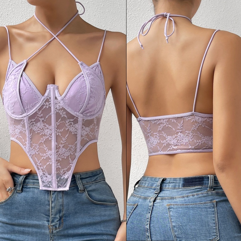 Áo Crop Top Nữ Ren Hoa Cổ Chữ V Khoét Sâu Lưng Gợi Cảm
