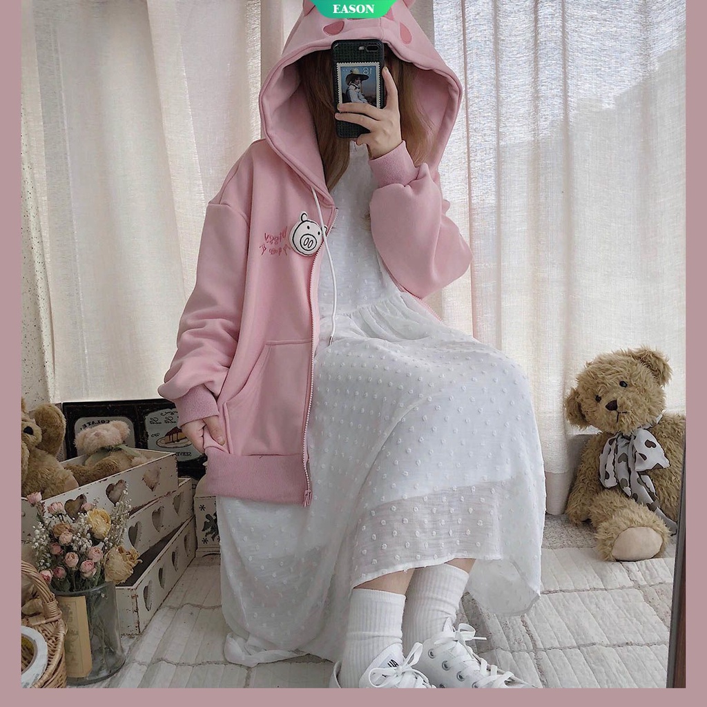Áo Hoodie Dáng Rộng Thêu Hình Chú Heo Dễ Thương Thời Trang Thu Đông Cho Nữ