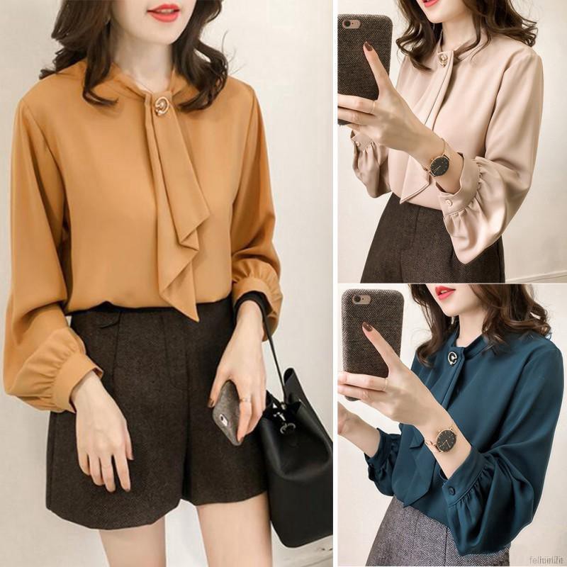 Women Loose Summer Sweet Solid Color Lantern Sleeve Stand Collar Bottoming Blouse | WebRaoVat - webraovat.net.vn