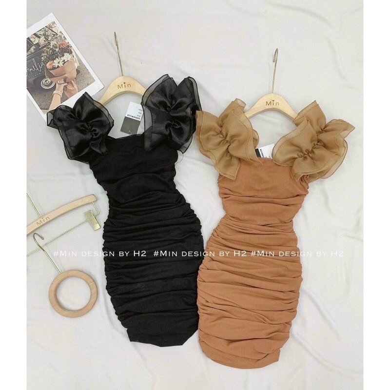 Váy body trễ vai nhún eo phối bèo mặc 2 kiểu, đầm nữ 2D xinh | BigBuy360 - bigbuy360.vn