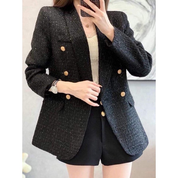 Áo khoác dạ tweed màu đen 6 cúc sang chảnh có ảnh thật trong hộp kèm video tự quay