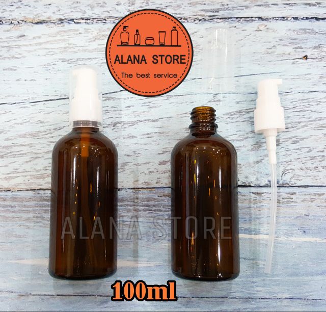 Lọ chiết mỹ phẩm thủy tinh nâu vòi ấn ngắn trắng 100ml