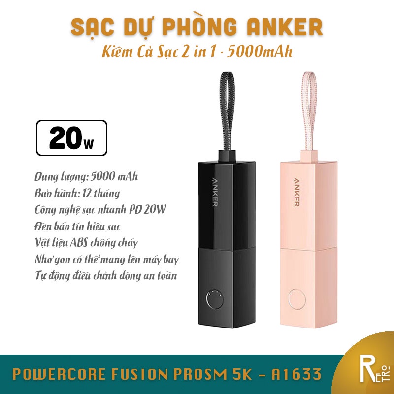 Củ Sạc Kiêm Pin Dự Phòng Thỏi Son Anker A1633 5000mAh, 1 Cổng Type C Sạc Nhanh 20W Cho iPhone 13 Pro Max 12 Pro 11 Xs 8