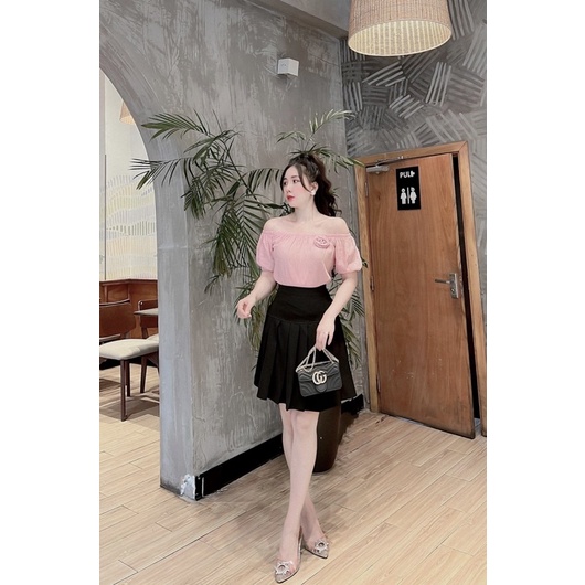 Set áo trễ vai chân váy xếp ly thiết kế dễ thương chất liệu tơ đũi không nhăn a19