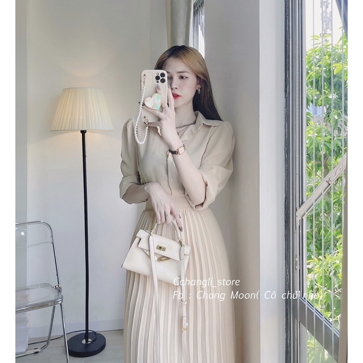 Váy Sơ Mi Xếp Kem Nude Không Bai Không Phai Không Nhăn, Váy Thiết Kế Phù Hợp Với Công Sở, Dự Tiệc | BigBuy360 - bigbuy360.vn