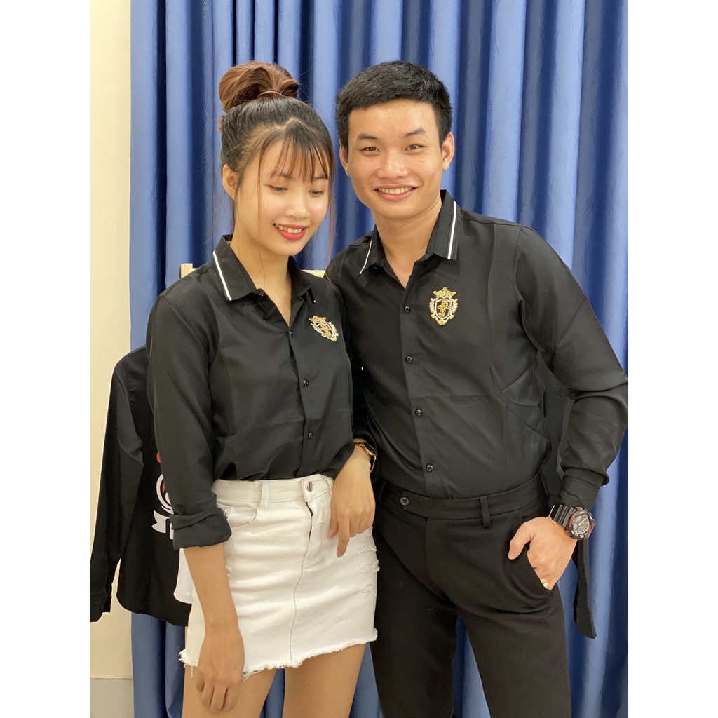 Áo Sơ Mi Nam Nữ cặp đôi dài tay trắng đen thêu logo vải kate lụa | BigBuy360 - bigbuy360.vn