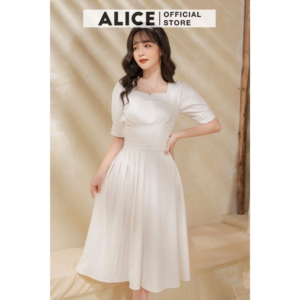Váy Trắng Dự Tiệc Cổ Vuông ALICE V695 Thiết Kế Xếp Ly Ôm Eo Tôn Dáng, Chất Liệu Mềm Mại Sang Chảnh | BigBuy360 - bigbuy360.vn