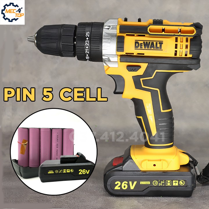 MÁY KHOAN PIN DEWALT 26V CÓ BÚA - KHOAN TƯỜNG,BẮT VÍT - LÕI ĐỒNG - 2 PIN 5 CELL