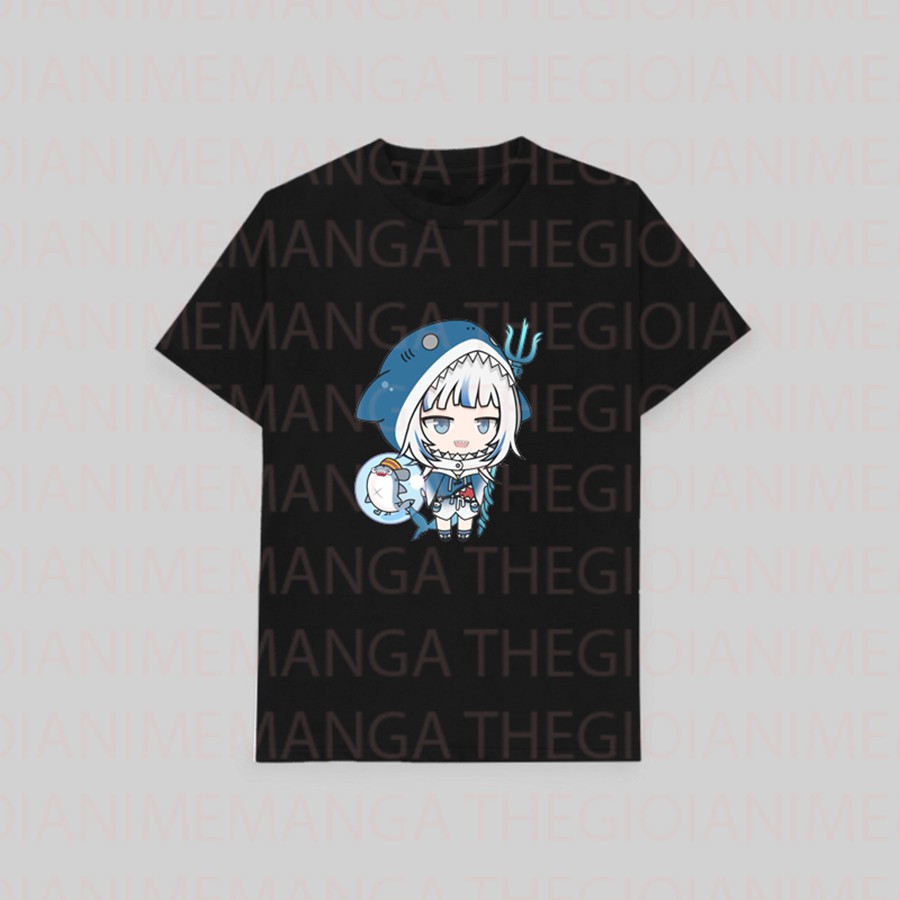 Áo thun phông đen trắng in hình GAWR GURA Hololive Vtuber thời trang xinh xắn cá tính anime chibi