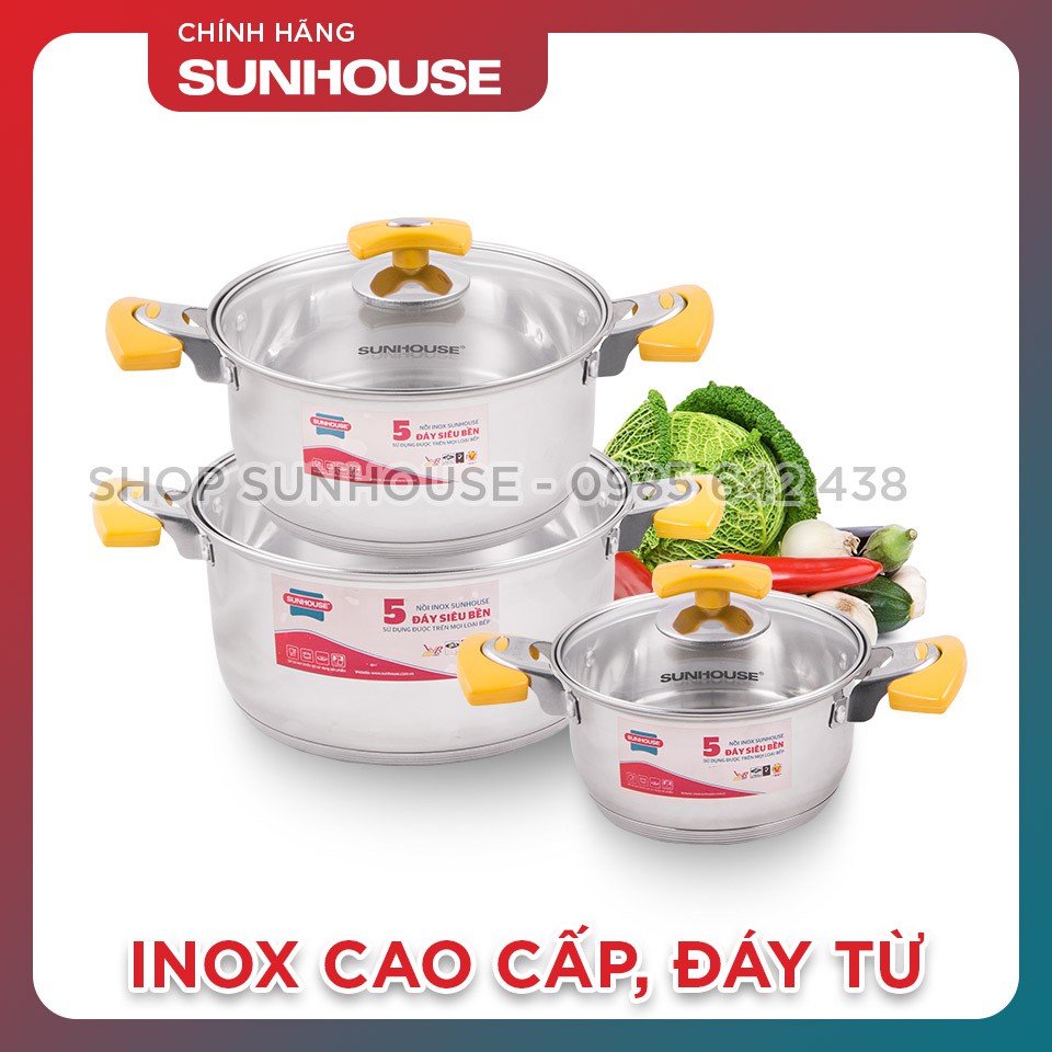 Bộ nồi inox 5 đáy SUNHOUSE SH787 vung kính đáy từ